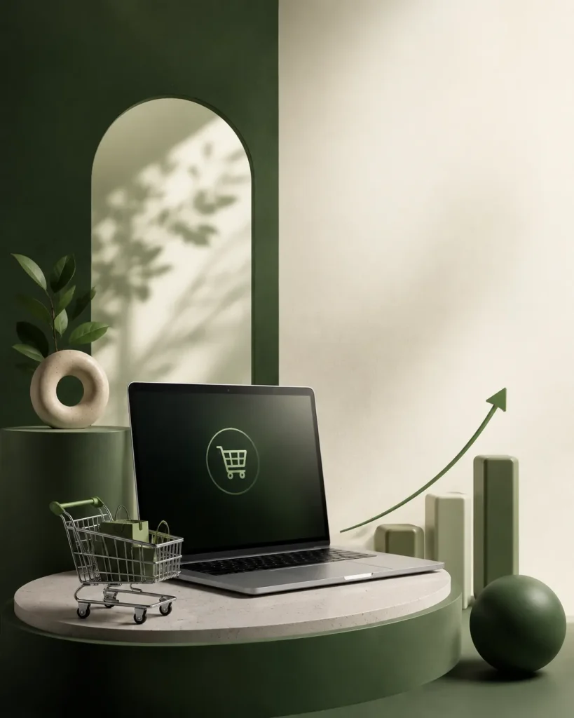 Ecommerce Digital Marketing Agency concept with laptop, shopping cart, and business growth analytics