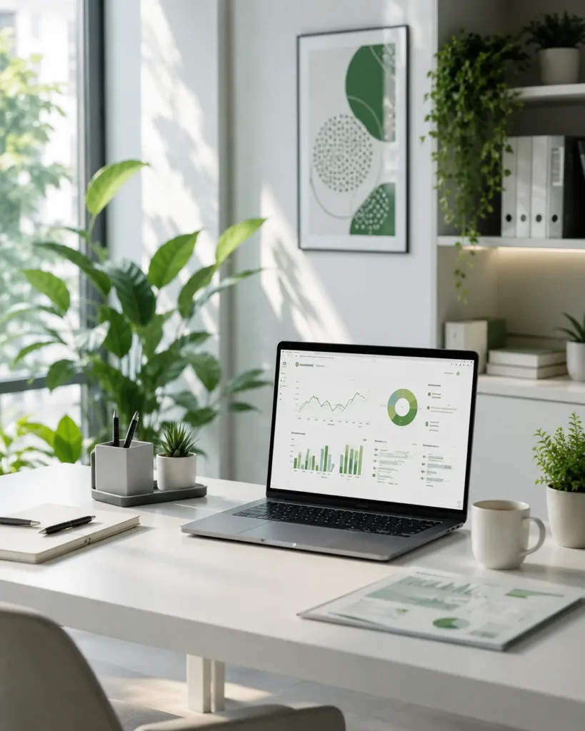 Modern digital marketing agency workspace with a laptop displaying SEO and PPC analytics dashboards, surrounded by plants and office supplies.