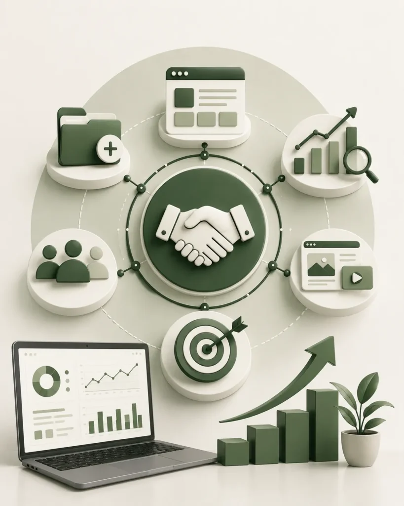 White label digital marketing agency partnership concept with connected business, SEO, analytics, and growth icons in a professional green design.