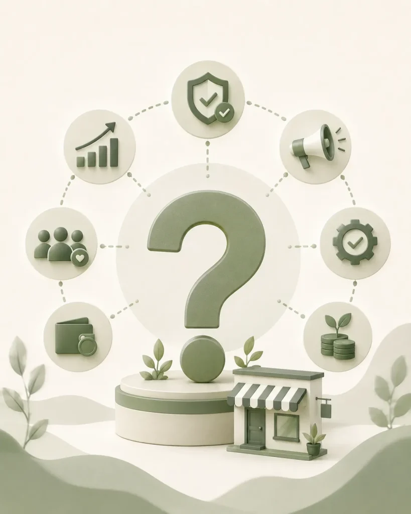 Digital marketing agency for small business represented by a question mark, trust shield, marketing strategy, and business growth icons.