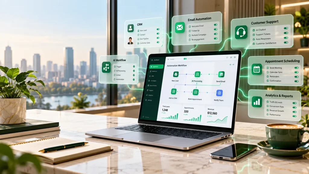 AI automation services dashboard showing connected business workflows, CRM, customer support, and analytics.